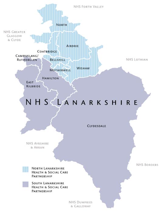 Map of Lanarkshire showing the health locality areas